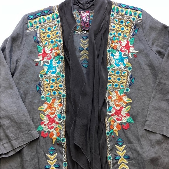 Johnny Was JWLA Gray Embroidered 100% Linen Kimono Jacket Size Medium - Picture 7 of 16